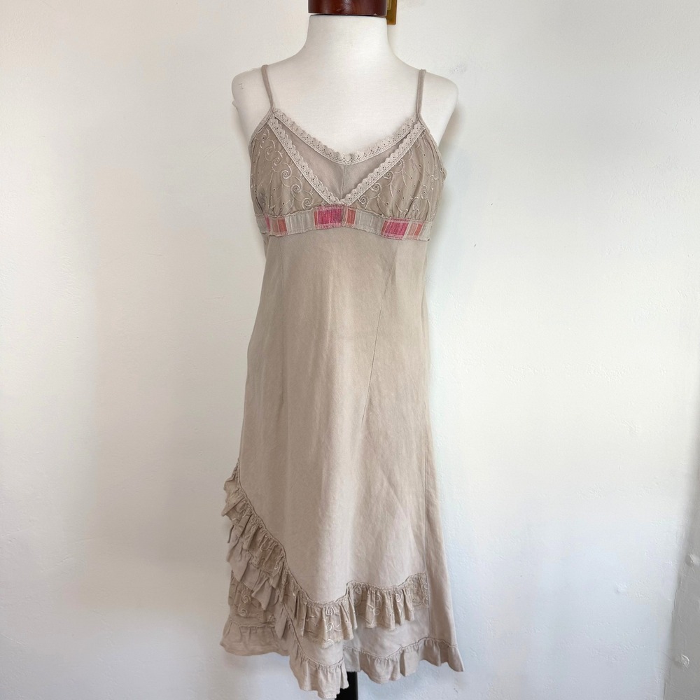 Embroidered Eyelet Midi Slip Dress Beige Pink Boho Forest Fairy‎ Cottagecore S
